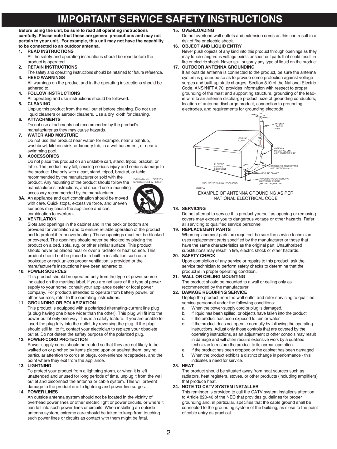 Memorex MX4107 manual Important Service Safety Instructions, Cleaning 