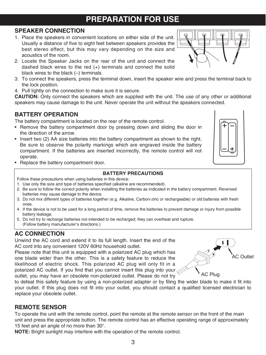 Memorex MX4107 manual Preparation for USE, Battery Operation, AC Connection, Remote Sensor 