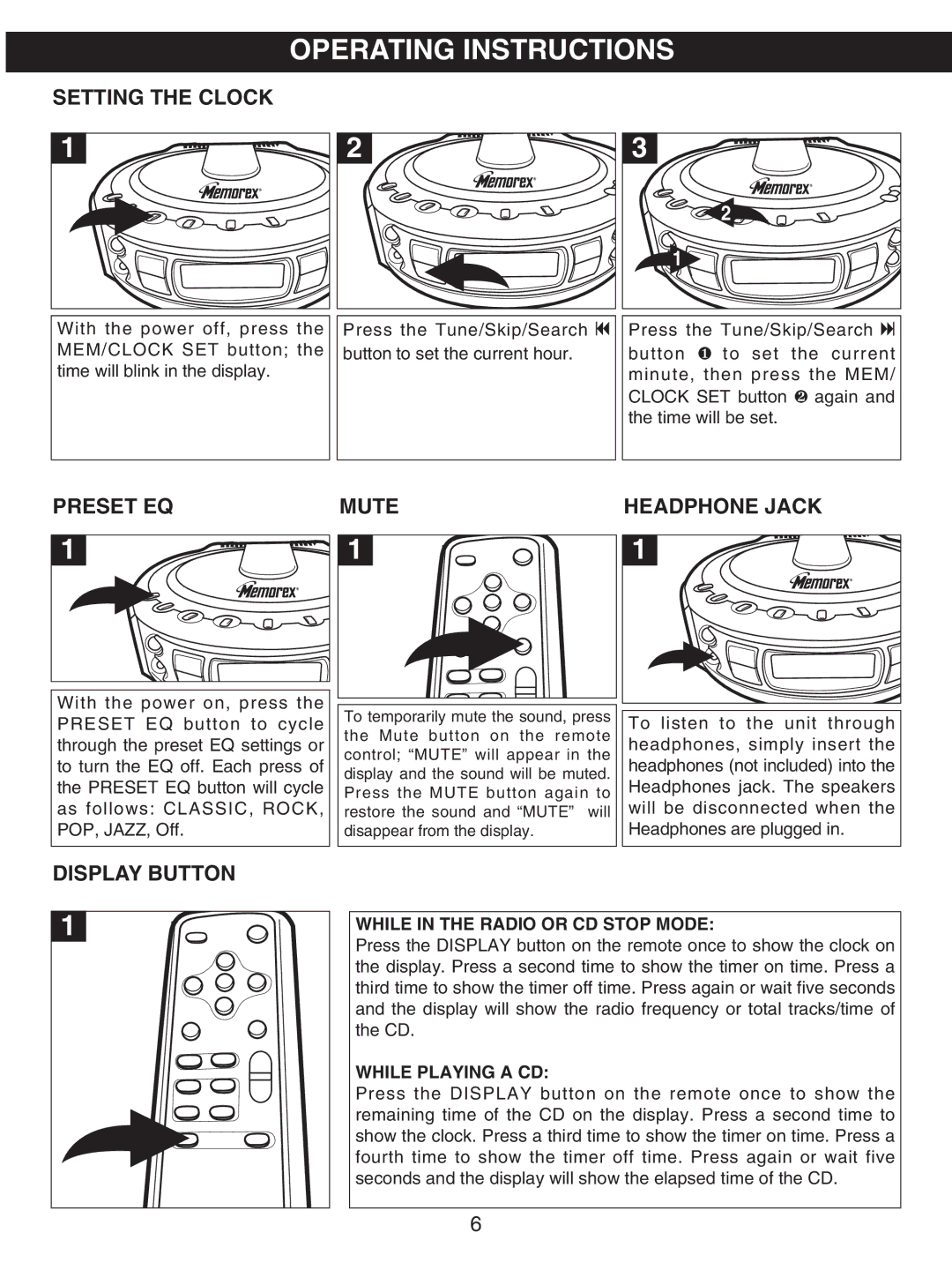 Memorex MX4107 manual Operating Instructions, Setting the Clock, Headphone Jack, Display Button 