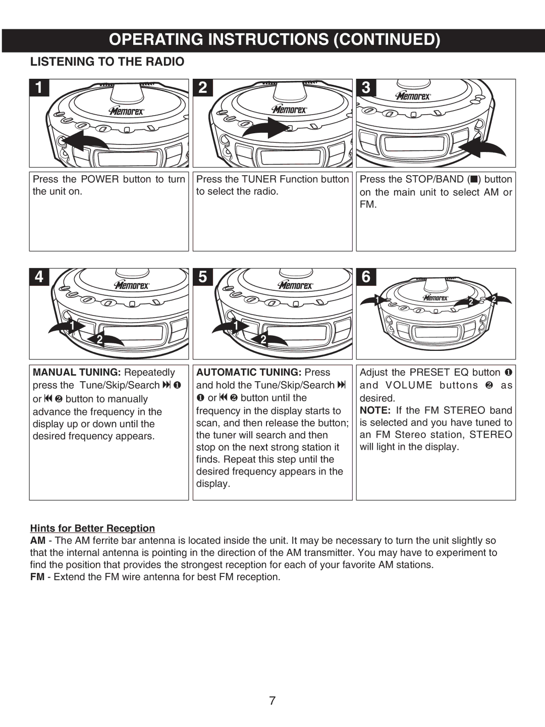 Memorex MX4107 manual Listening to the Radio, Hints for Better Reception 