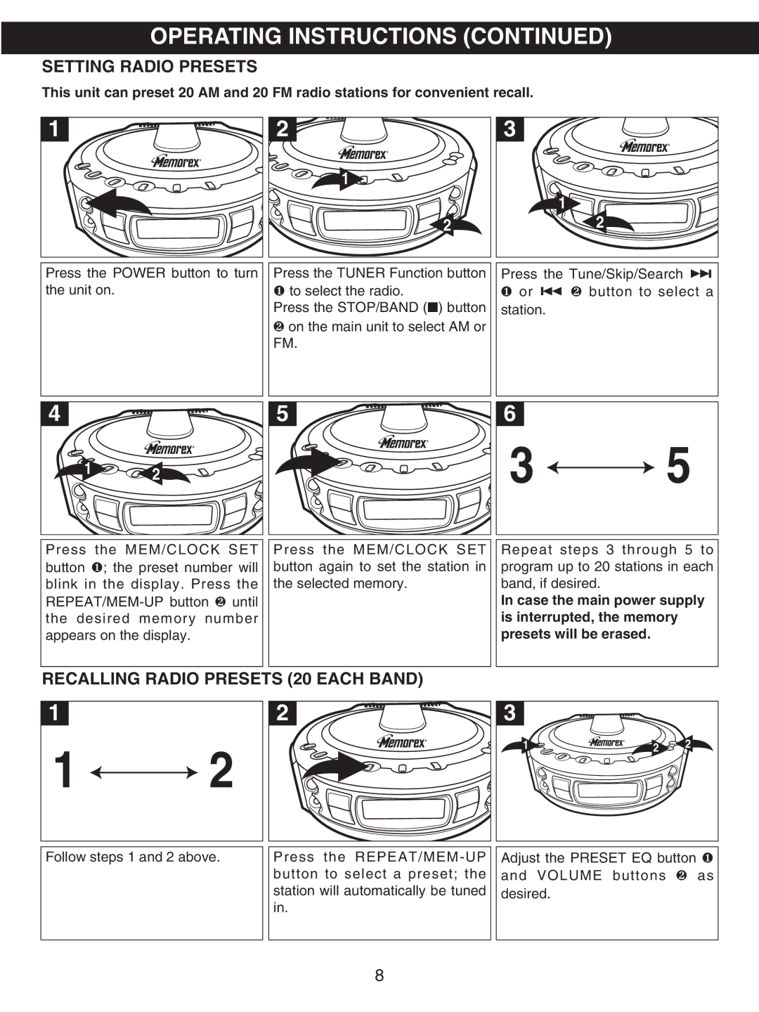 Memorex MX4107 manual Setting Radio Presets, Recalling Radio Presets 20 Each Band 