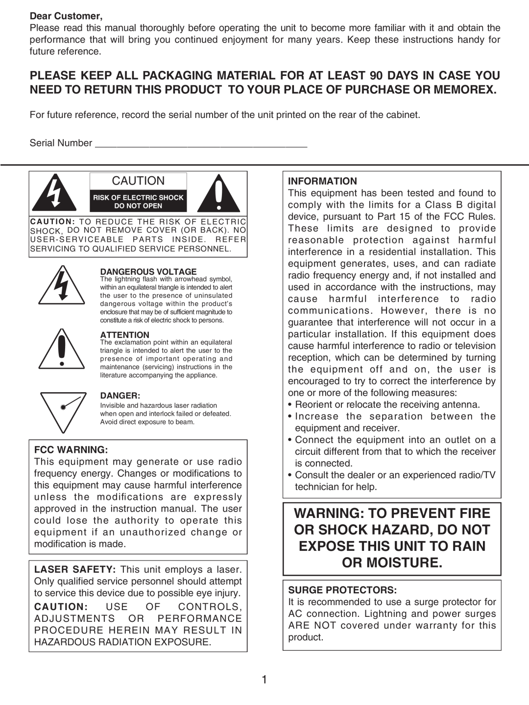 Memorex MX4107 manual Fcc Warning, Information, Surge Protectors 