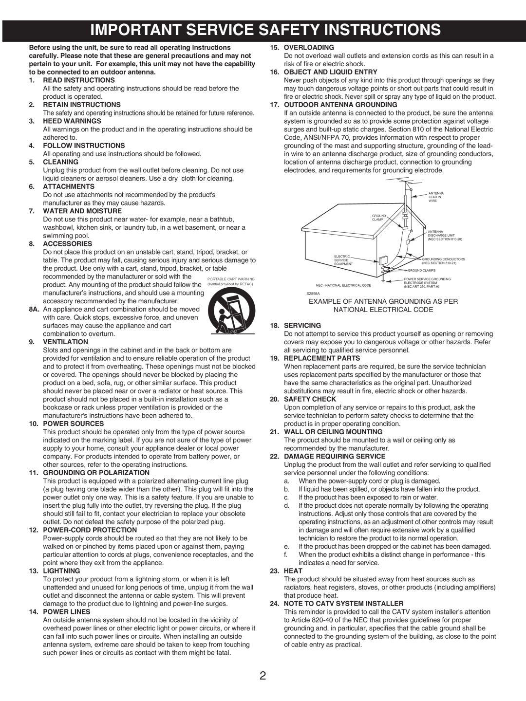Memorex MX4107 manual Important Service Safety Instructions 