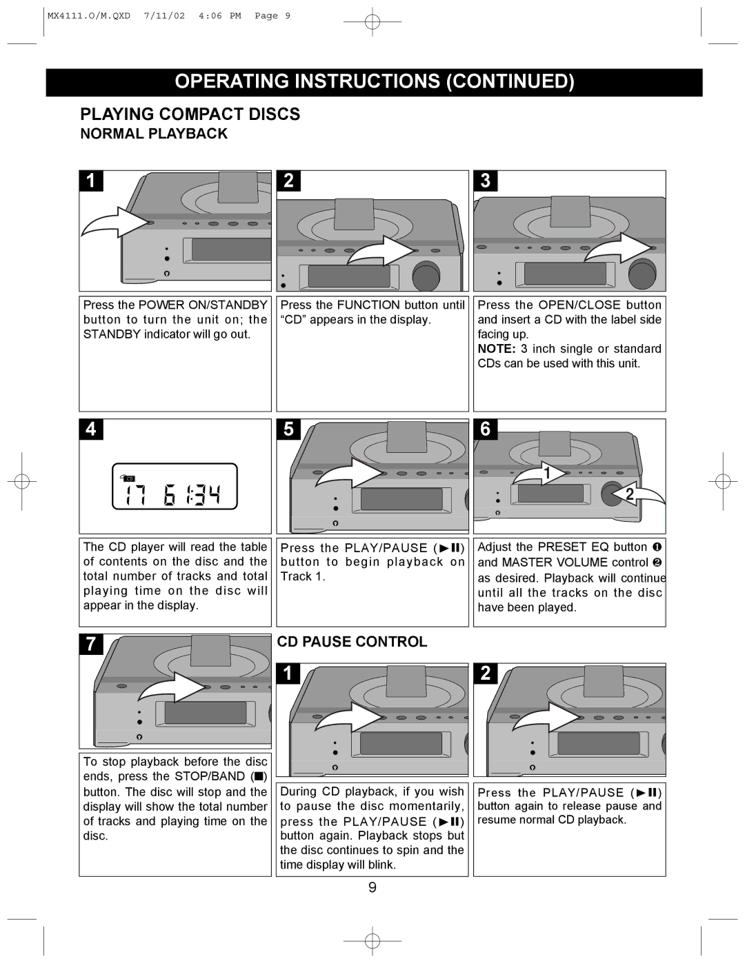 Memorex MX4111 operating instructions Normal Playback, CD Pause Control 