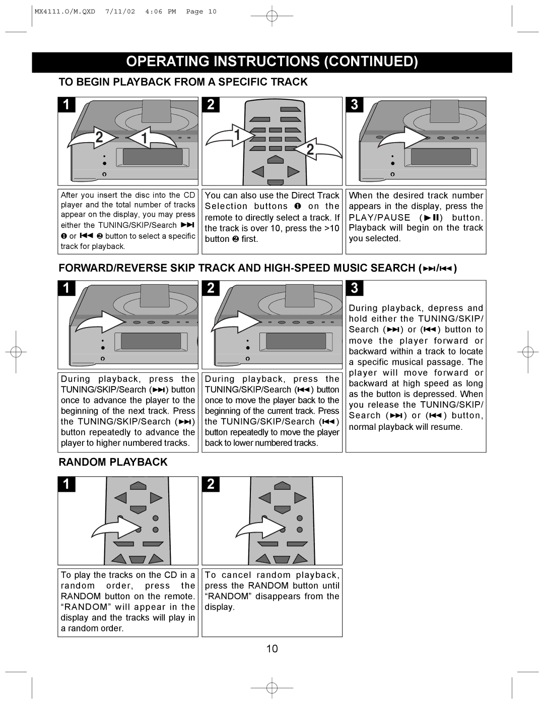 Memorex MX4111 To Begin Playback from a Specific Track, FORWARD/REVERSE Skip Track and HIGH-SPEED Music Search 