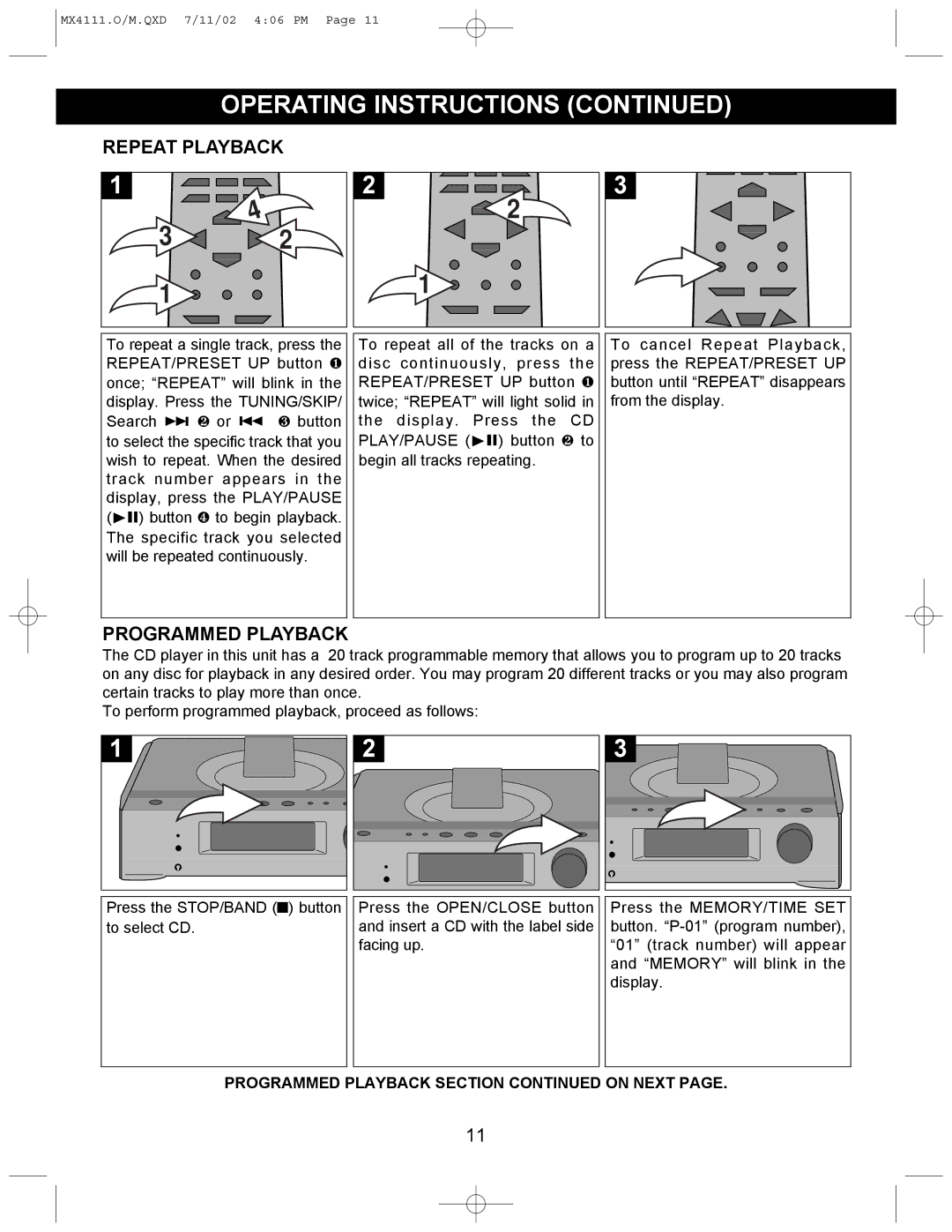 Memorex MX4111 operating instructions Repeat Playback, Programmed Playback 