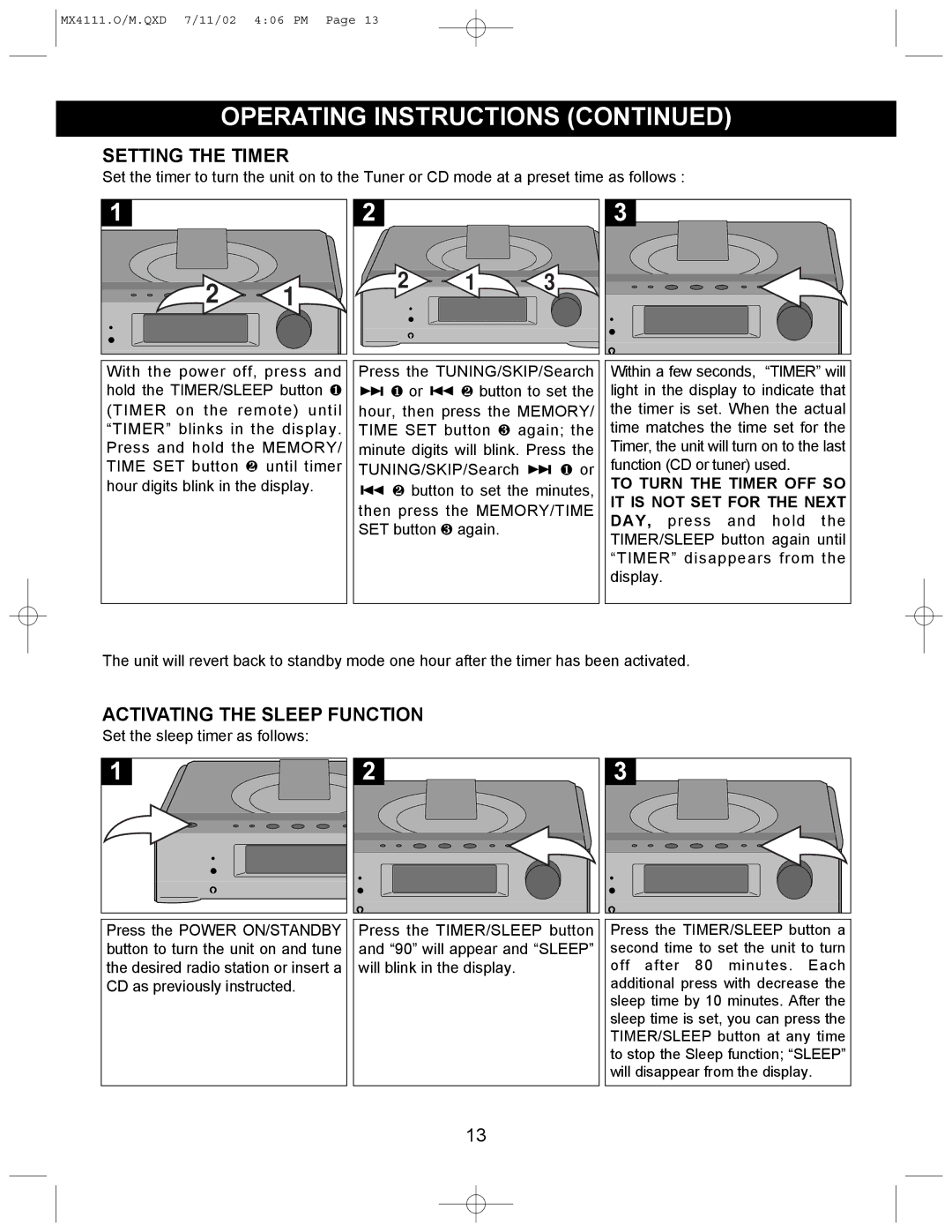 Memorex MX4111 operating instructions Setting the Timer, Activating the Sleep Function 