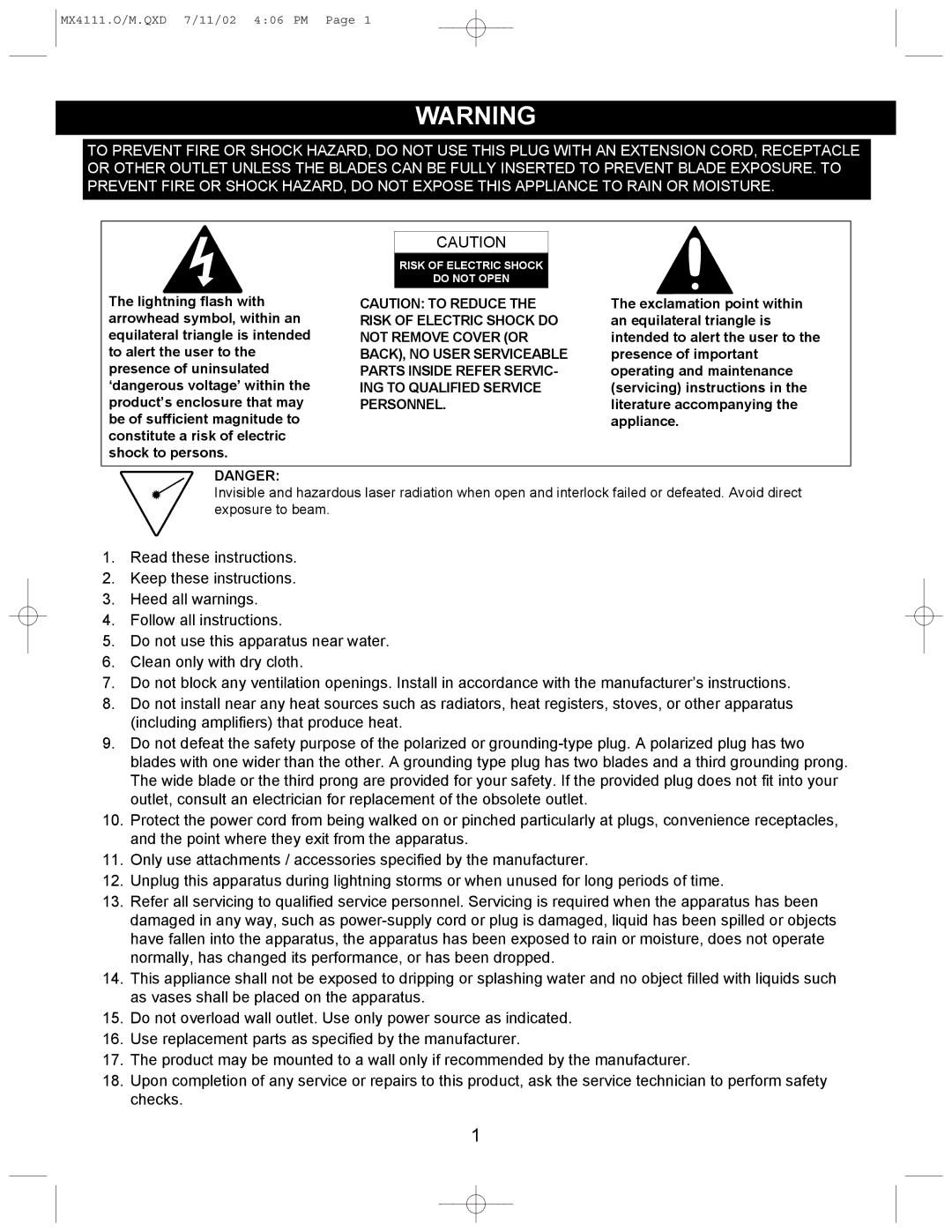 Memorex MX4111 operating instructions Risk of Electric Shock Do not Open 