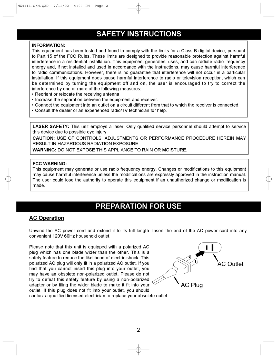 Memorex operating instructions MX4111.O/M.QXD 7/11/02 406 PM 