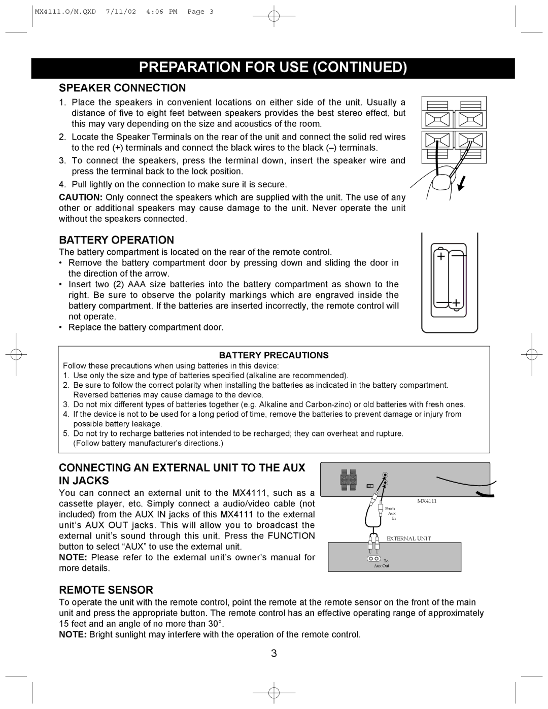 Memorex MX4111 Preparation for USE, Speaker Connection, Battery Operation, Connecting AN External Unit to the AUX in Jacks 