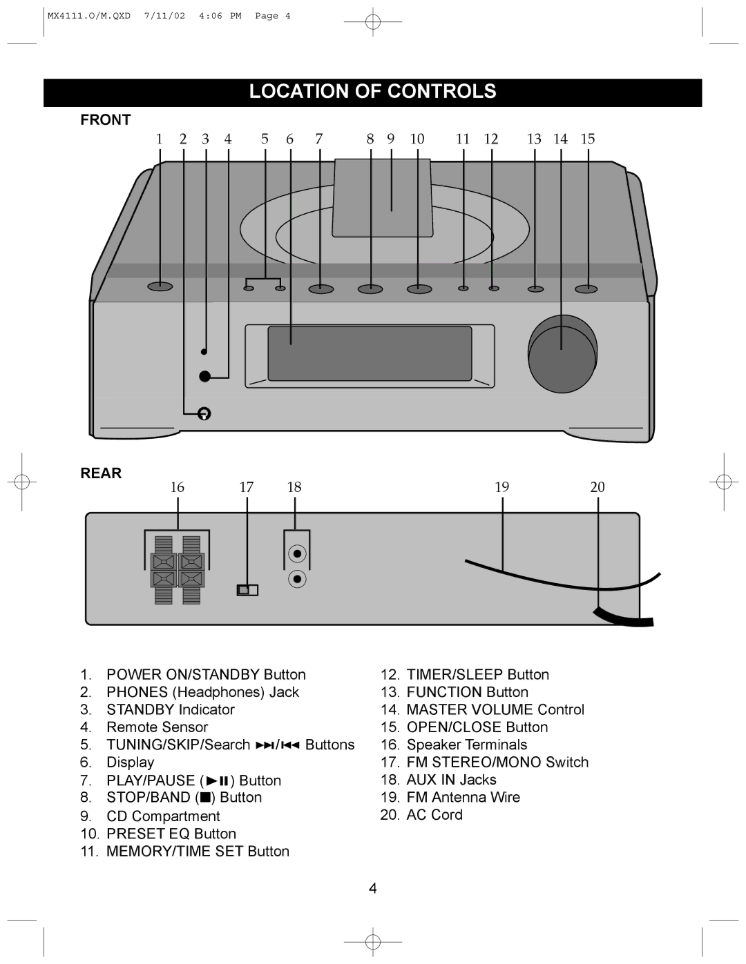 Memorex MX4111 operating instructions Location of Controls, Front Rear 