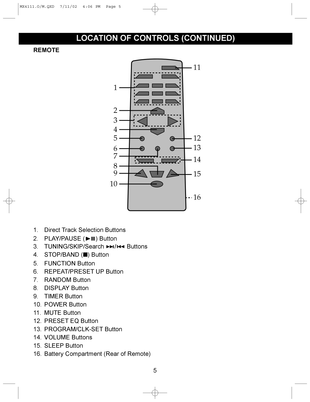 Memorex MX4111 operating instructions Remote 