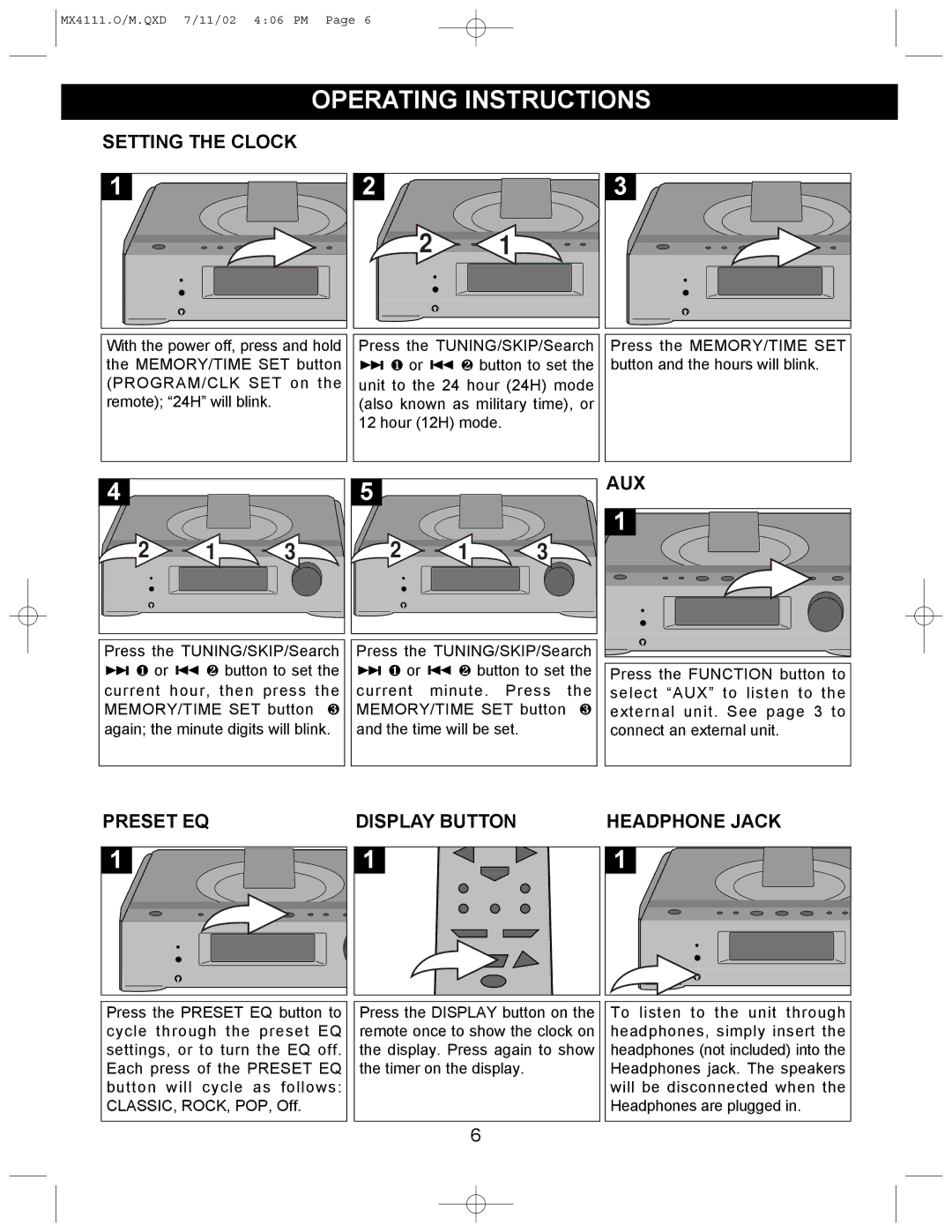 Memorex MX4111 operating instructions Operating Instructions, Setting the Clock, Aux, Preset EQ Display Button 