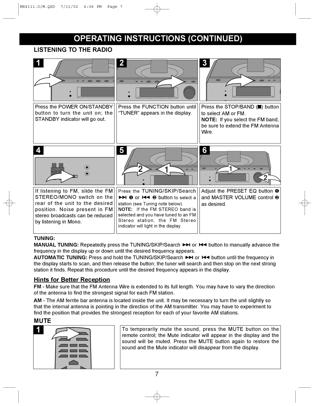 Memorex MX4111 operating instructions Listening to the Radio, Tuning 