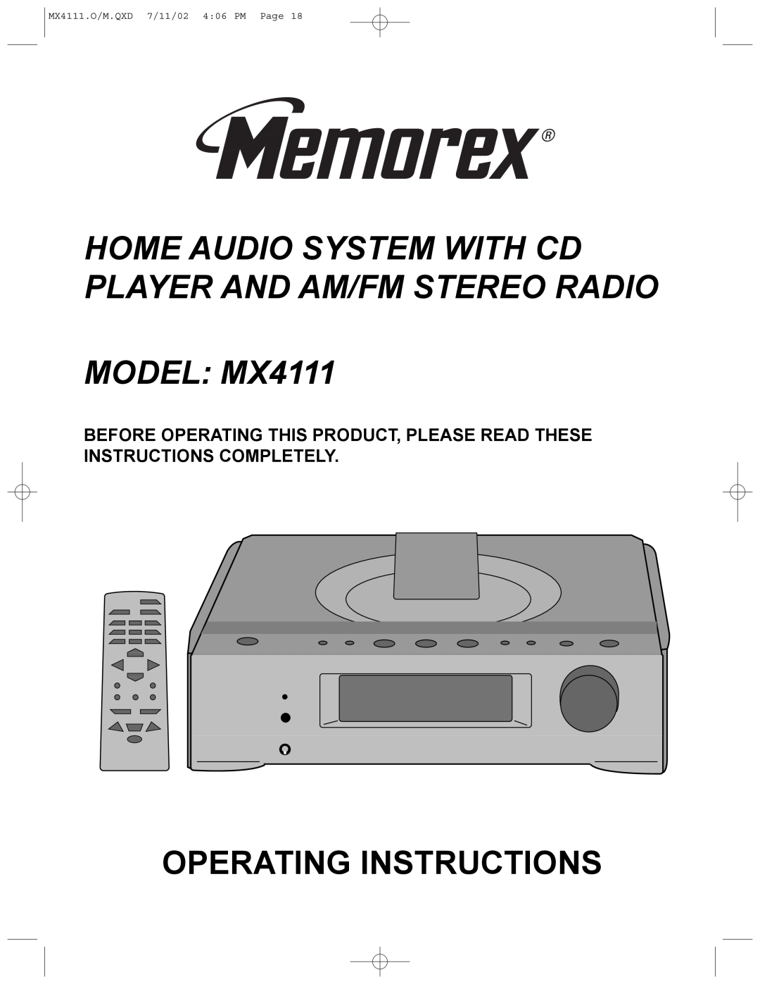 Memorex operating instructions MODEL MX4111, Operating Instructions, MX4111.O/M.QXD 7/11/02 4 06 PM Page 