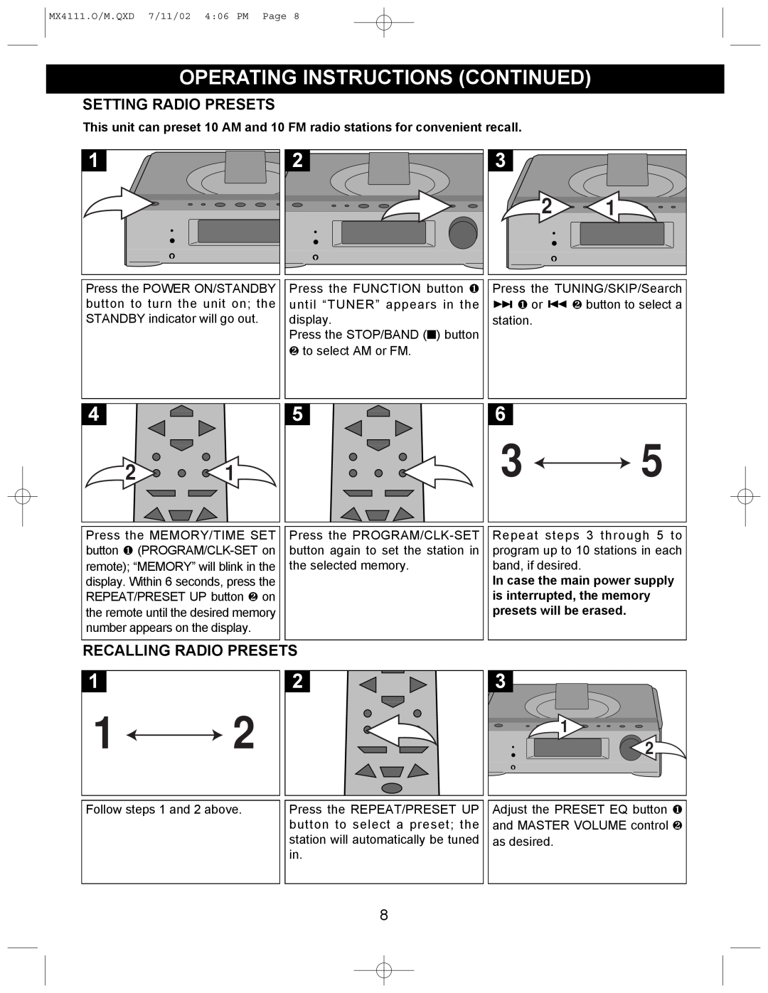 Memorex MX4111 operating instructions Setting Radio Presets, Recalling Radio Presets, Operating Instructions Continued 