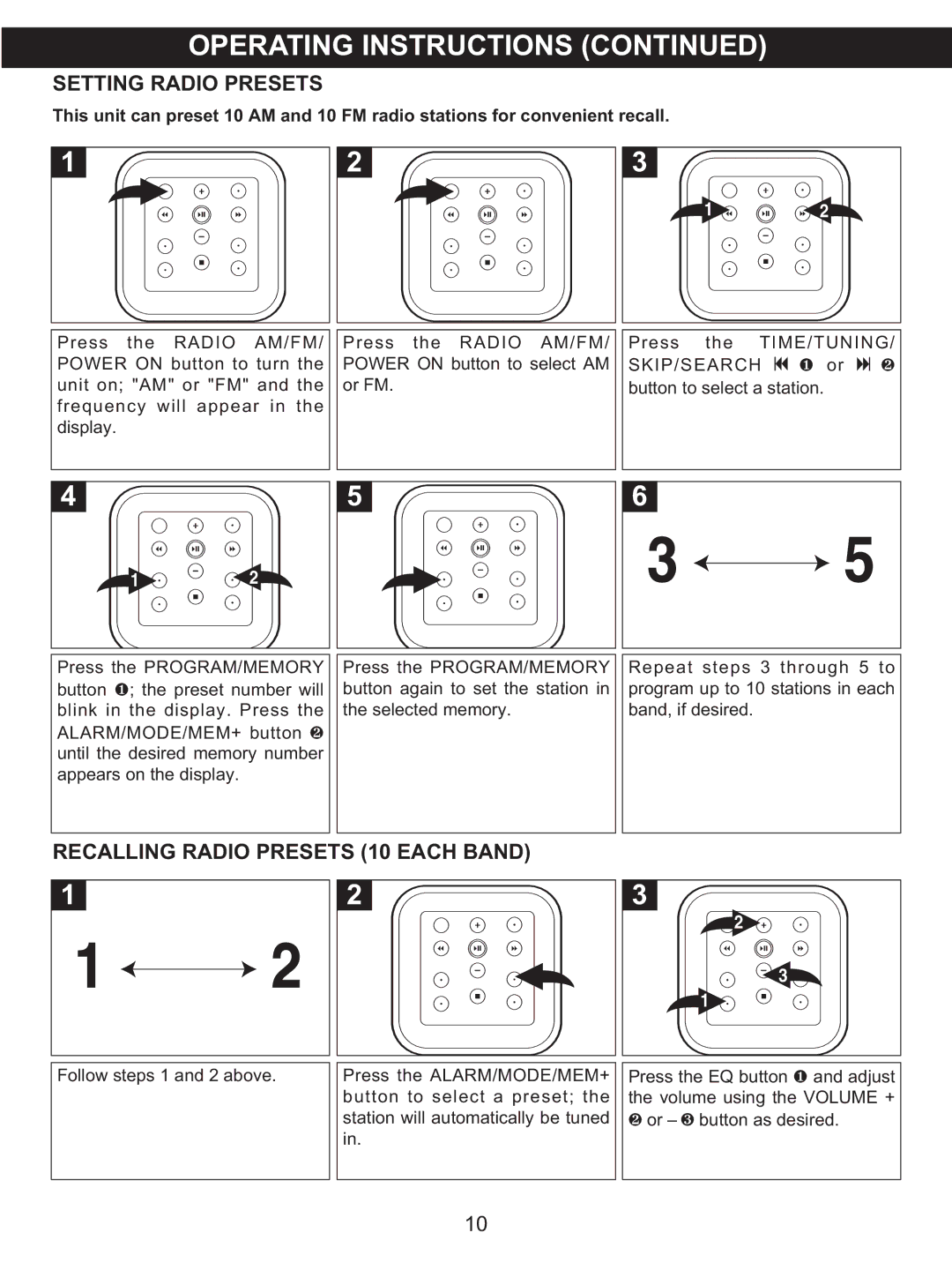 Memorex MX4118 manual Setting Radio Presets, Recalling Radio Presets 10 Each Band 