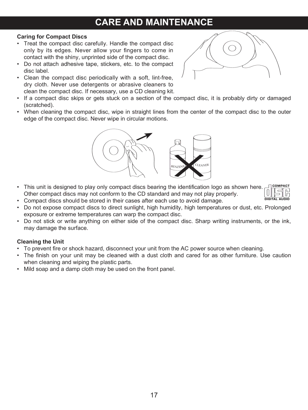 Memorex MX4118 manual Caring for Compact Discs, Cleaning the Unit 