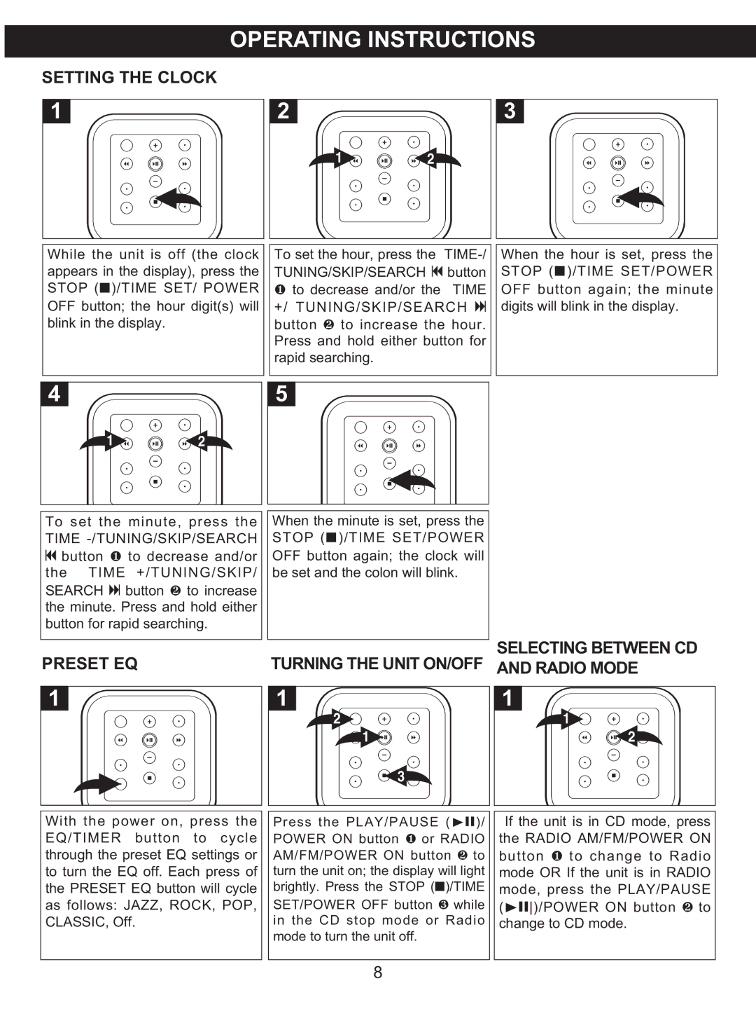 Memorex MX4118 manual Setting the Clock, Preset EQ, Selecting Between CD and Radio Mode 