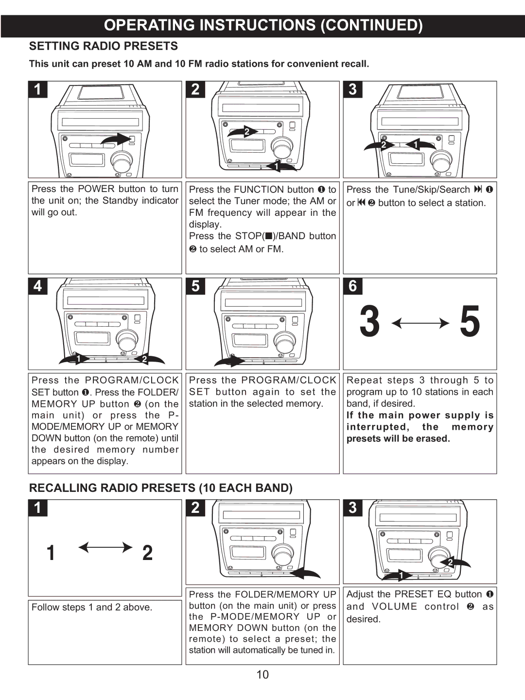 Memorex MX4122 manual Setting Radio Presets, Recalling Radio Presets 10 Each Band 