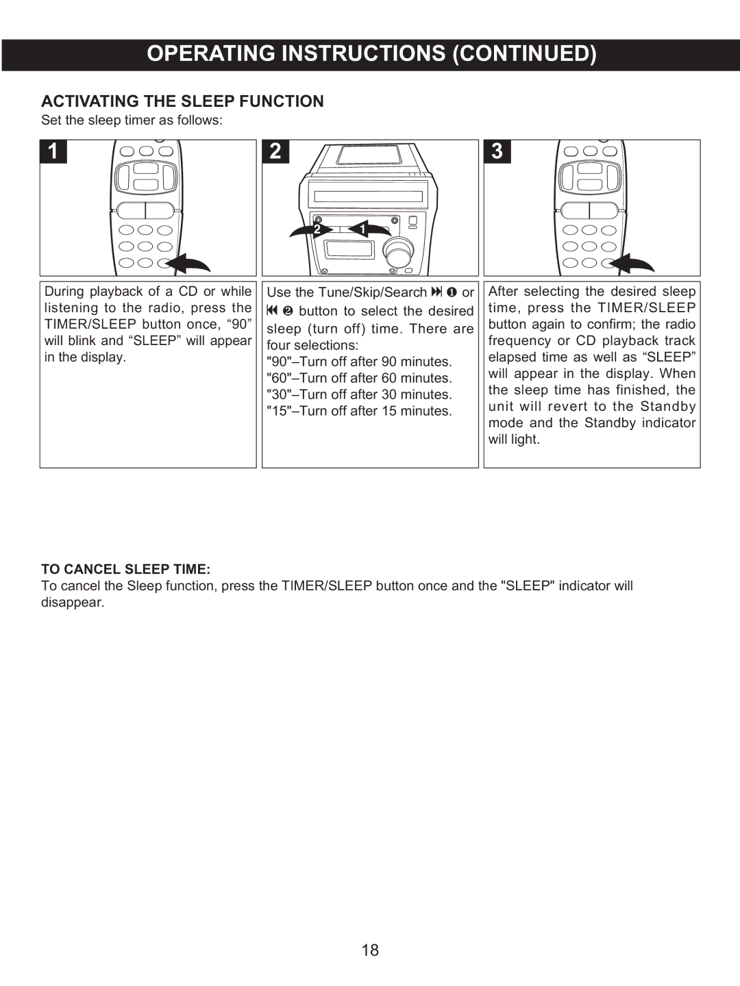 Memorex MX4122 manual Activating the Sleep Function, To Cancel Sleep Time 