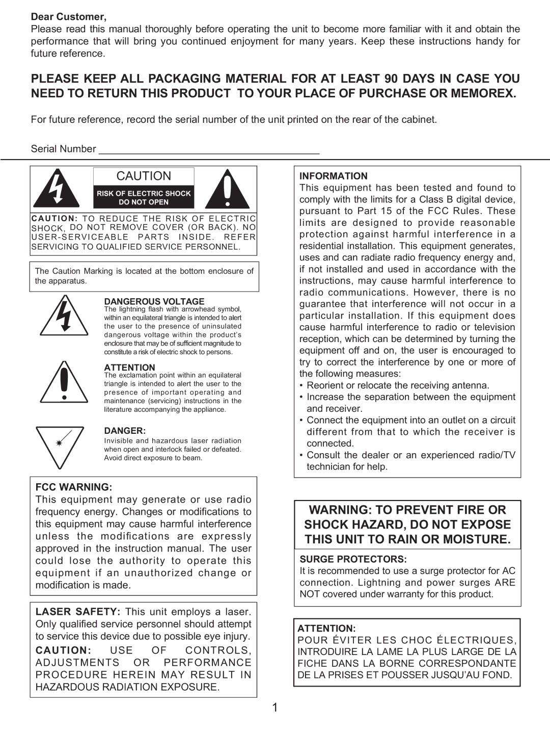 Memorex MX4122 manual FCC Warning, Information, Surge Protectors 