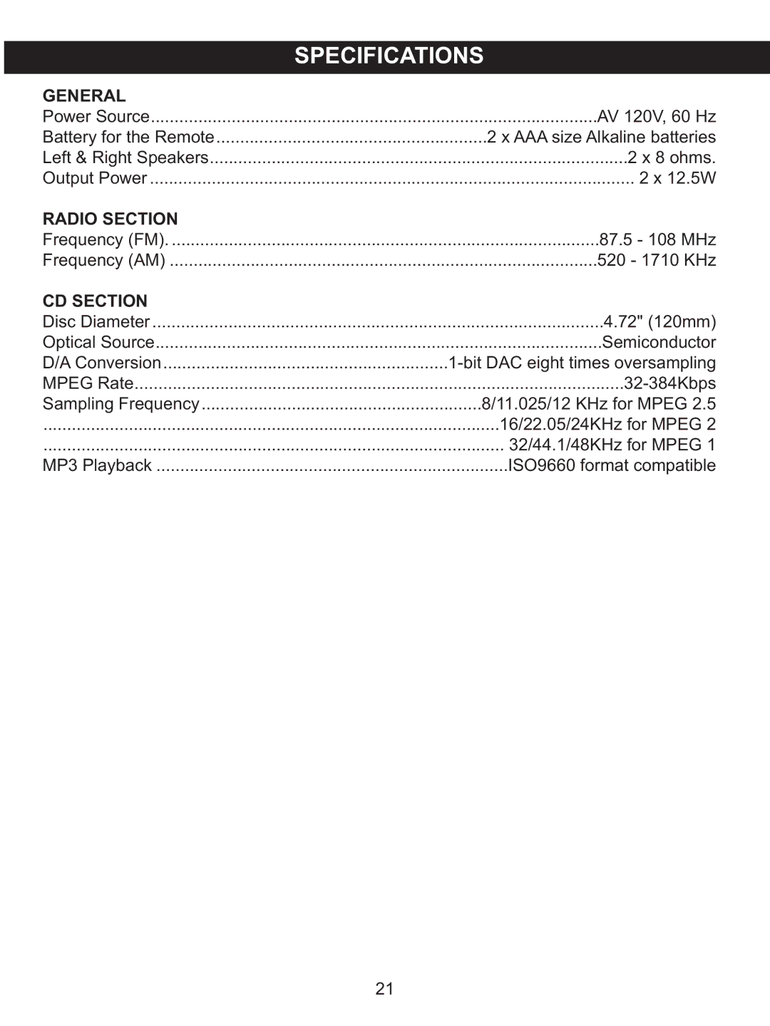 Memorex MX4122 manual Specifications, 16/22.05/24KHz for Mpeg 