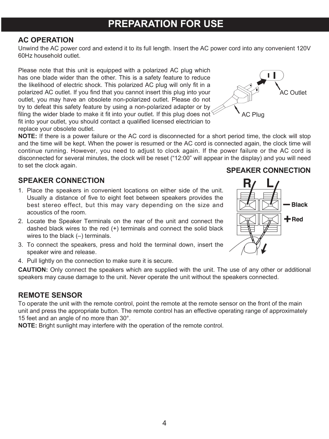 Memorex MX4122 manual Preparation for USE, AC Operation, Speaker Connection, Remote Sensor 