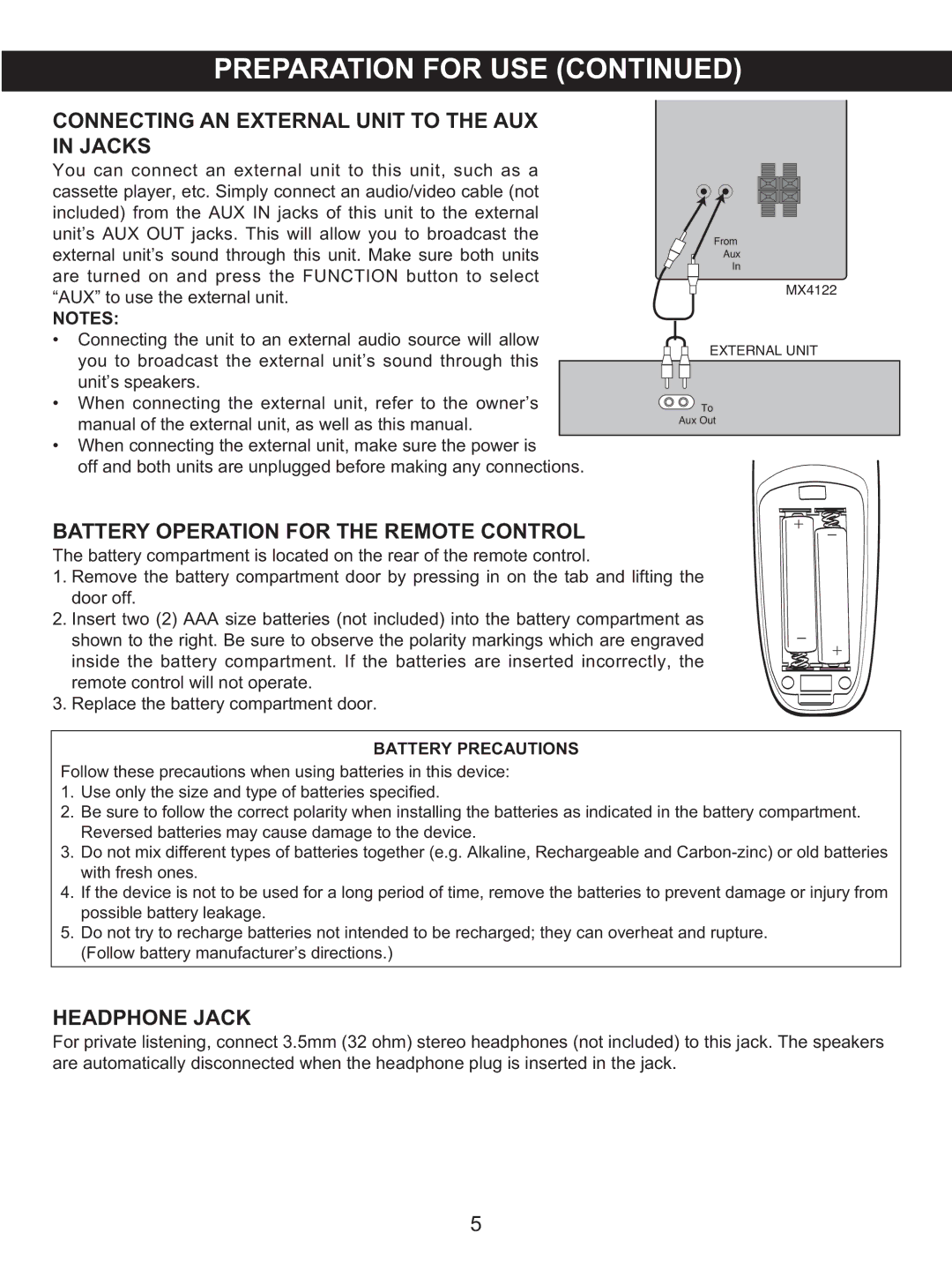 Memorex MX4122 manual Connecting AN External Unit to the AUX in Jacks, Headphone Jack, Battery Precautions 