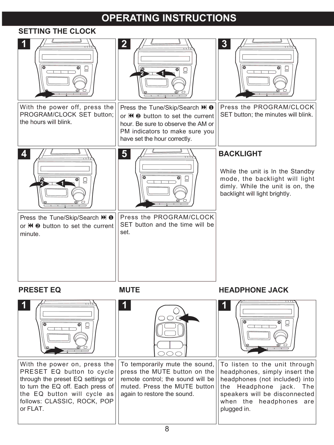 Memorex MX4122 manual Operating Instructions, Setting the Clock, Preset EQ, Mute, Backlight 