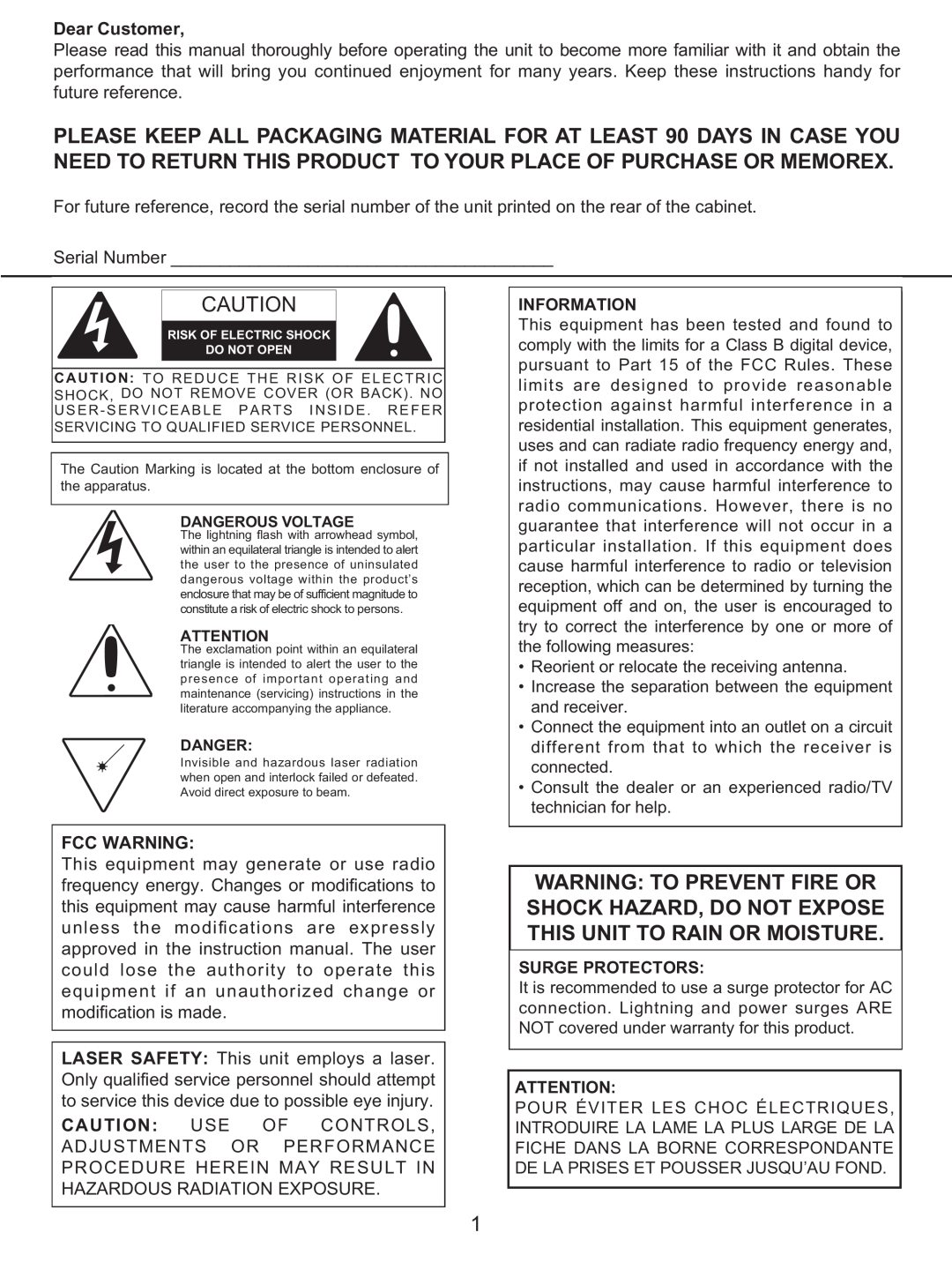 Memorex MX4122 manual Dear Customer, Fcc Warning, Information, Surge Protectors 