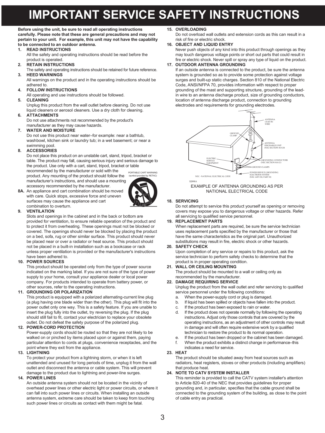 Memorex MX4122 manual Important Service Safety Instructions 