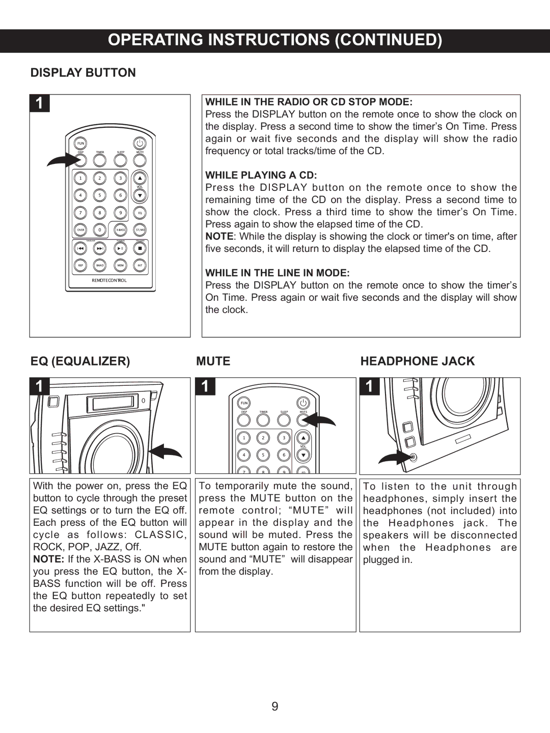 Memorex MX4137 manual Display Button, EQ Equalizer Mute, While in the Radio or CD Stop Mode, While Playing a CD 