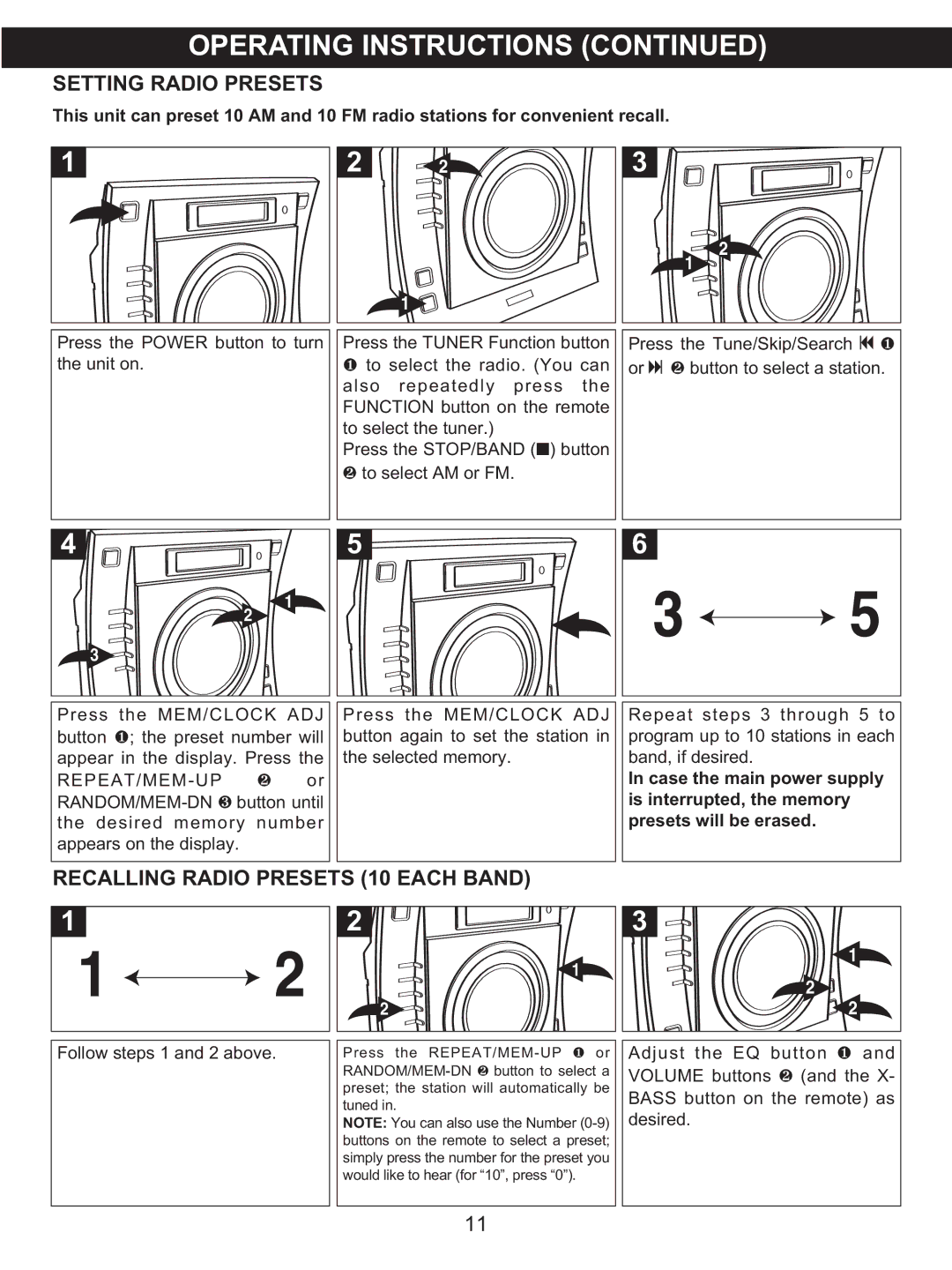 Memorex MX4137 manual Setting Radio Presets, Follow steps 1 and 2 above 