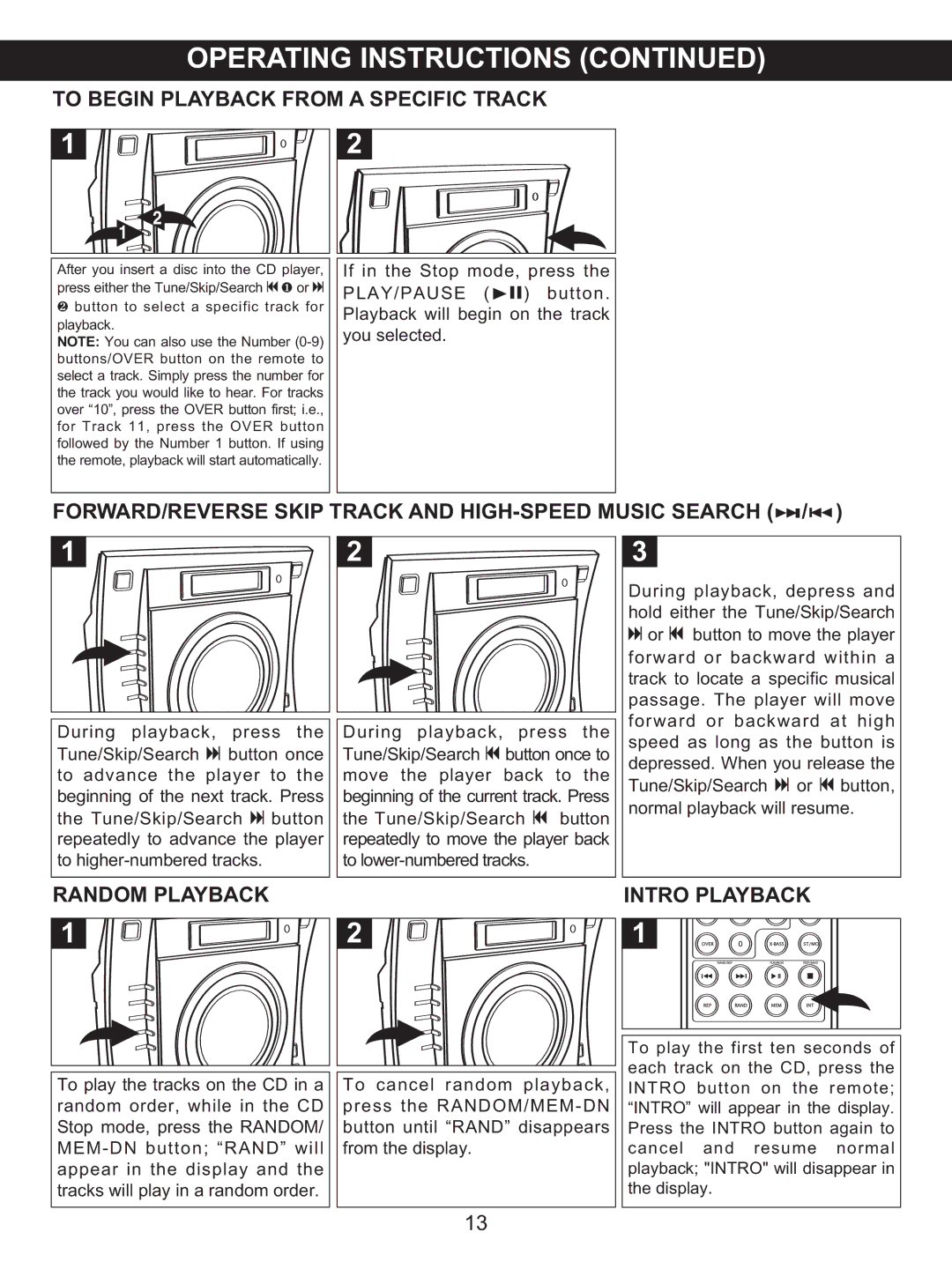 Memorex MX4137 manual To Begin Playback from a Specific Track, FORWARD/REVERSE Skip Track and HIGH-SPEED Music Search 