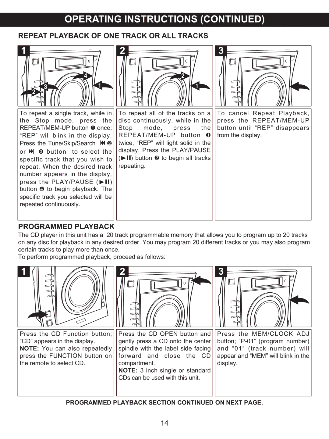 Memorex MX4137 manual Repeat Playback of ONE Track or ALL Tracks, Programmed Playback Section on Next 