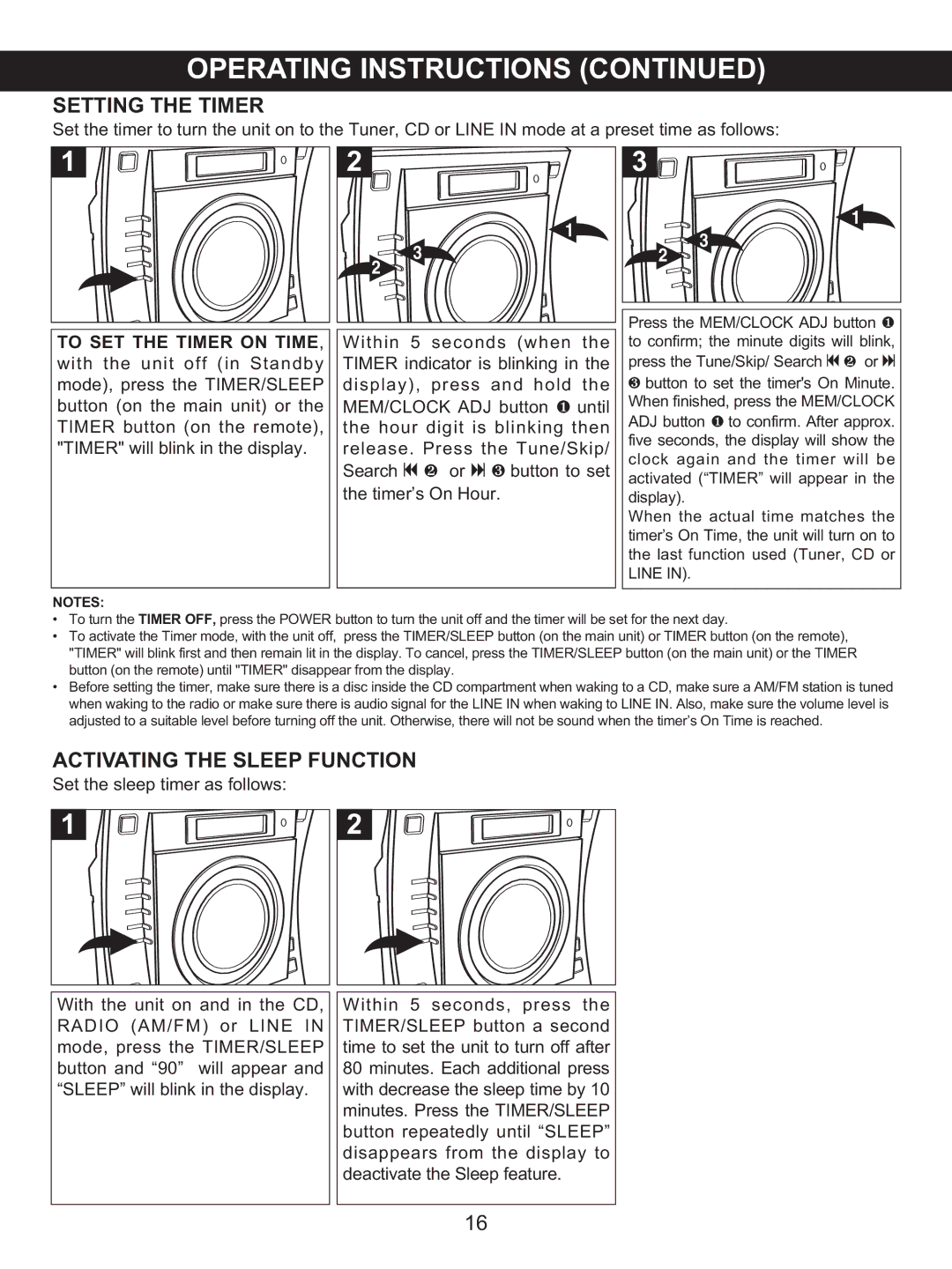 Memorex MX4137 manual Setting the Timer, Activating the Sleep Function, To SET the Timer on Time 