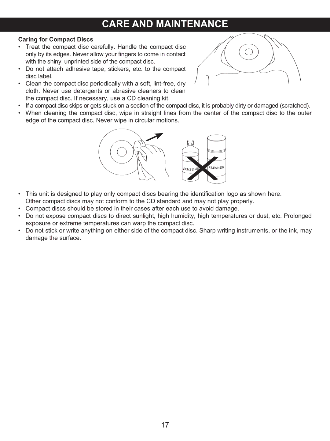 Memorex MX4137 manual Caring for Compact Discs 