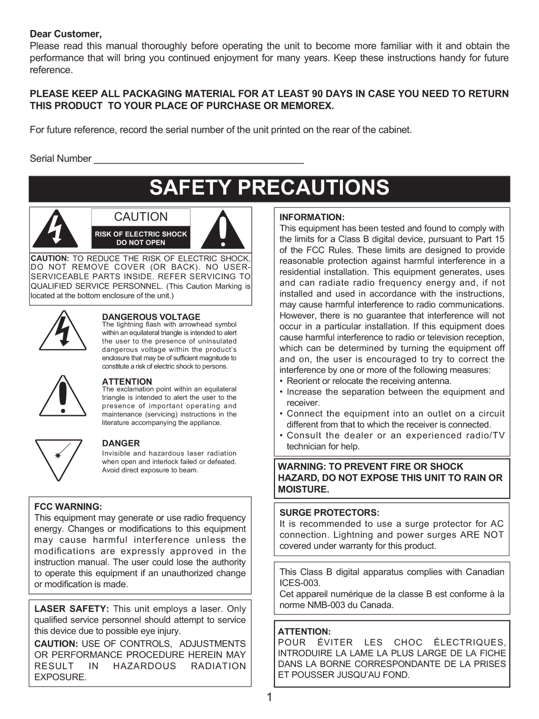 Memorex MX4137 manual Dear Customer, Risk of Electric Shock Do not Open 