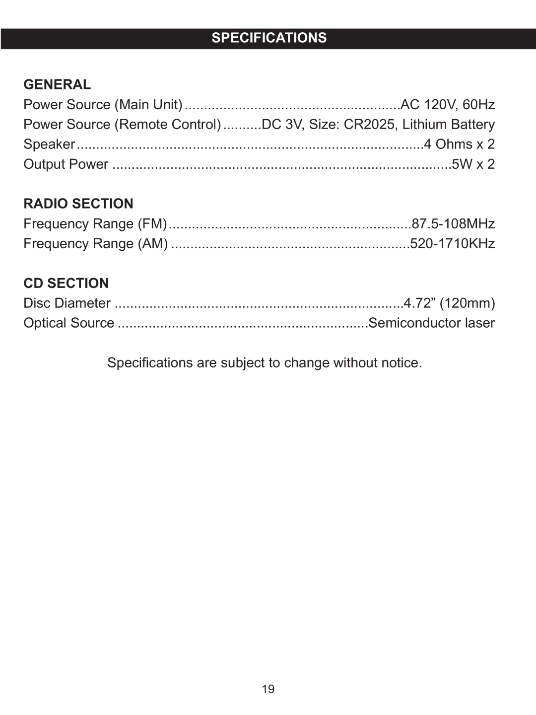 Memorex MX4137 manual AC 120V, 60Hz 