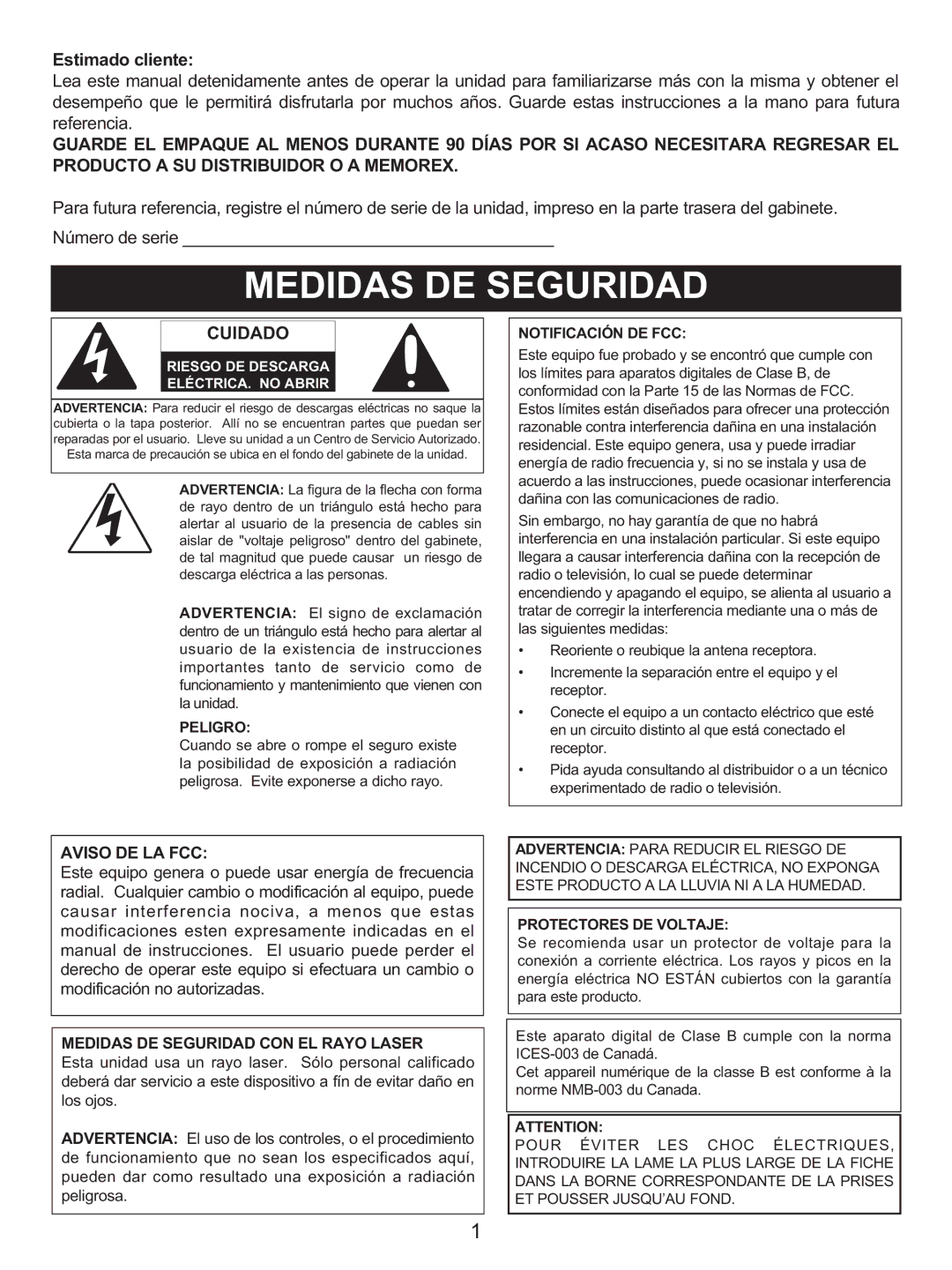 Memorex MX4137 manual Estimado cliente, Cuidado, Aviso DE LA FCC 