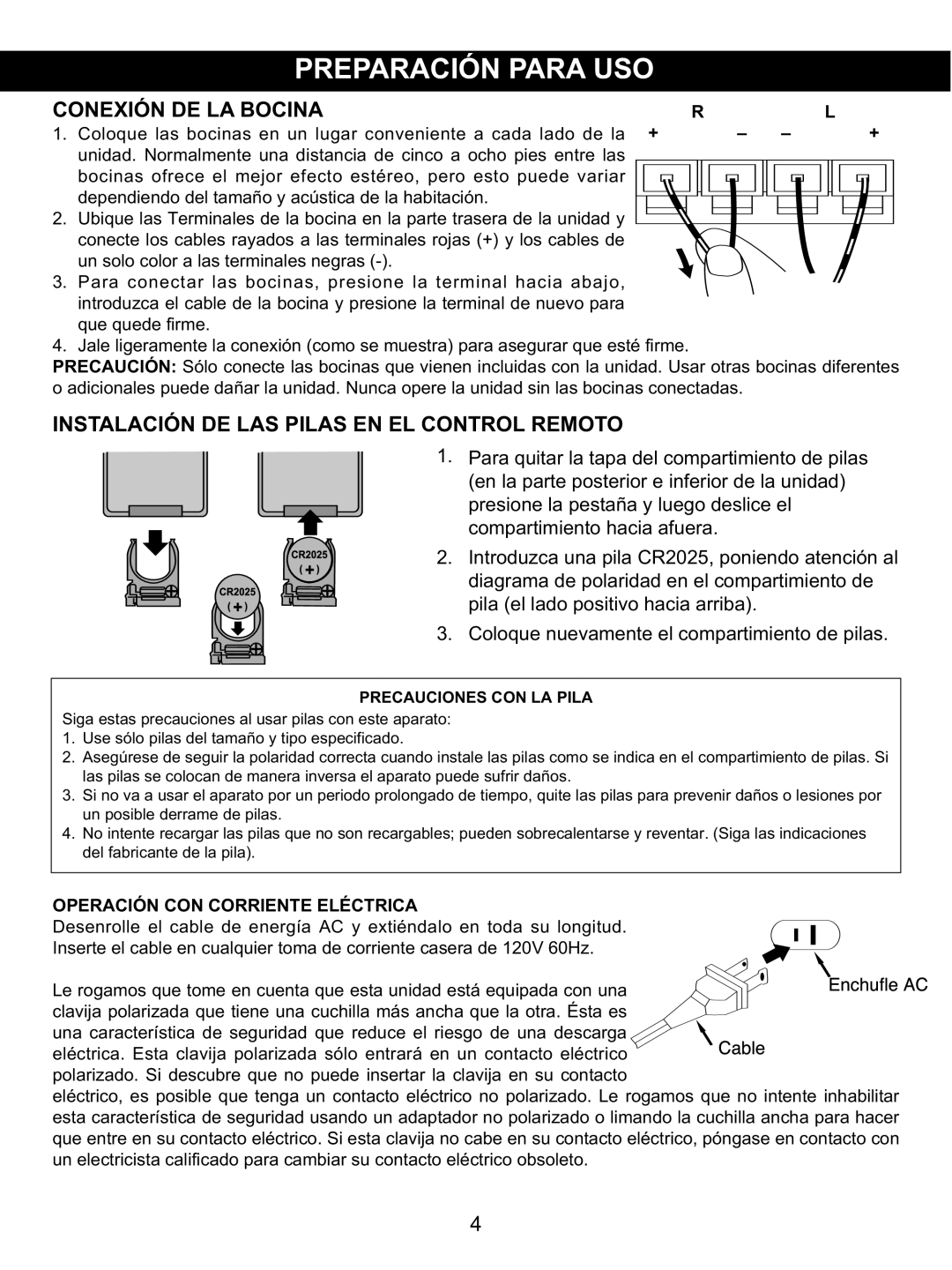 Memorex MX4137 Conexión DE LA Bocina, Instalación DE LAS Pilas EN EL Control Remoto, Operación CON Corriente Eléctrica 