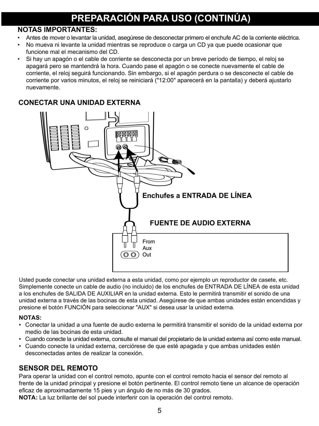 Memorex MX4137 manual Notas Importantes, Conectar UNA Unidad Externa, Fuente DE Audio Externa, Sensor DEL Remoto 