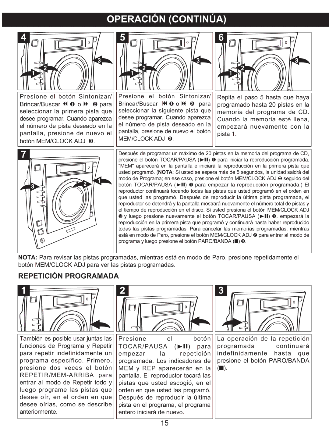 Memorex MX4137 manual Repetición Programada, Empezará nuevamente con la, Pista, Botón MEM/CLOCK ADJ 