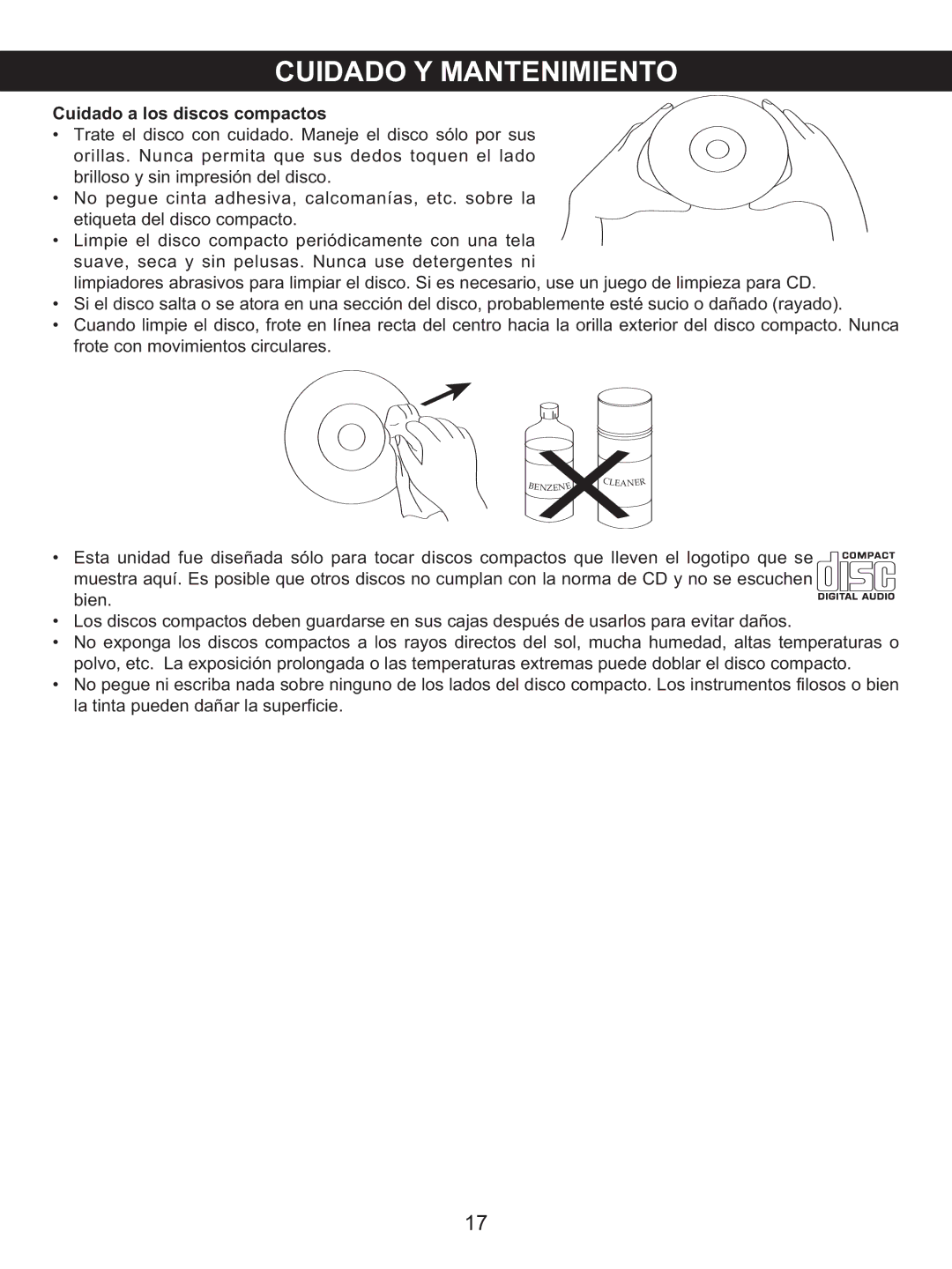 Memorex MX4137 manual Cuidado Y Mantenimiento, Cuidado a los discos compactos 