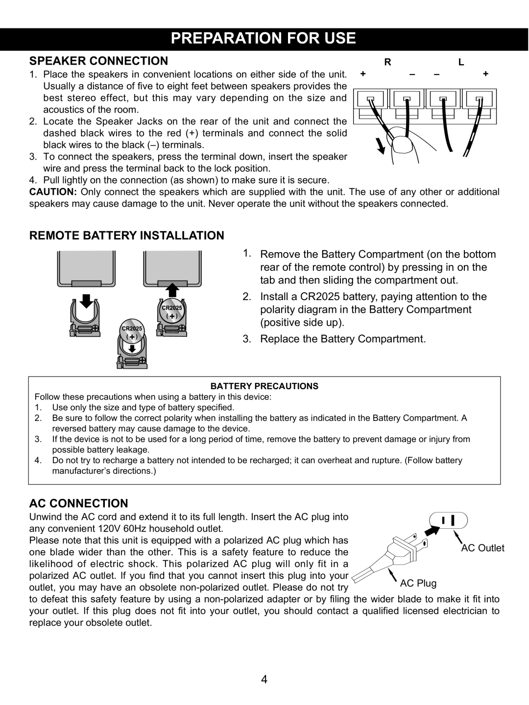 Memorex MX4137 manual Speaker Connection, Remote Battery Installation, AC Connection 