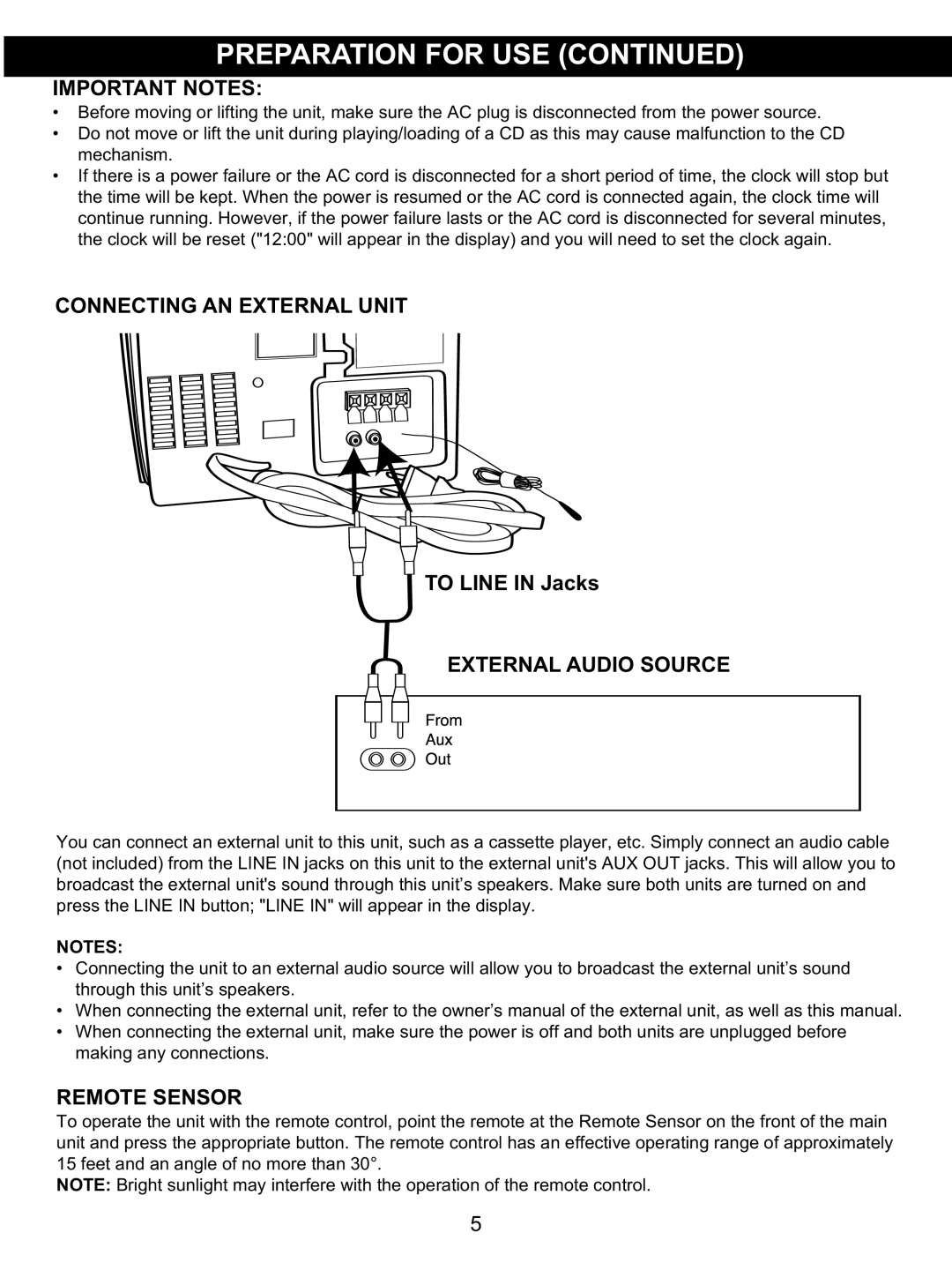 Memorex MX4137 manual Important Notes, Connecting AN External Unit, External Audio Source, Remote Sensor 