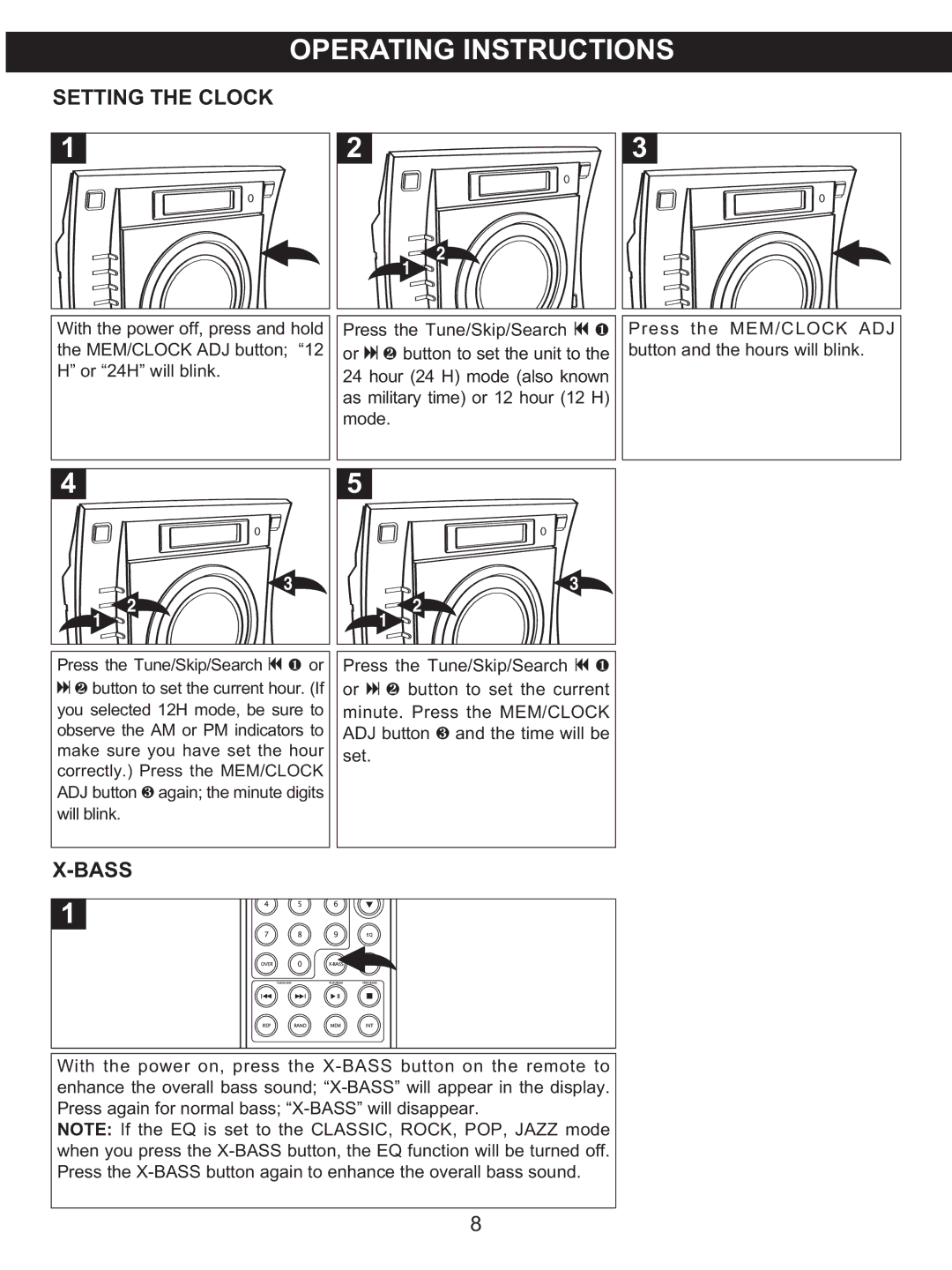 Memorex MX4137 manual Setting the Clock, Bass 