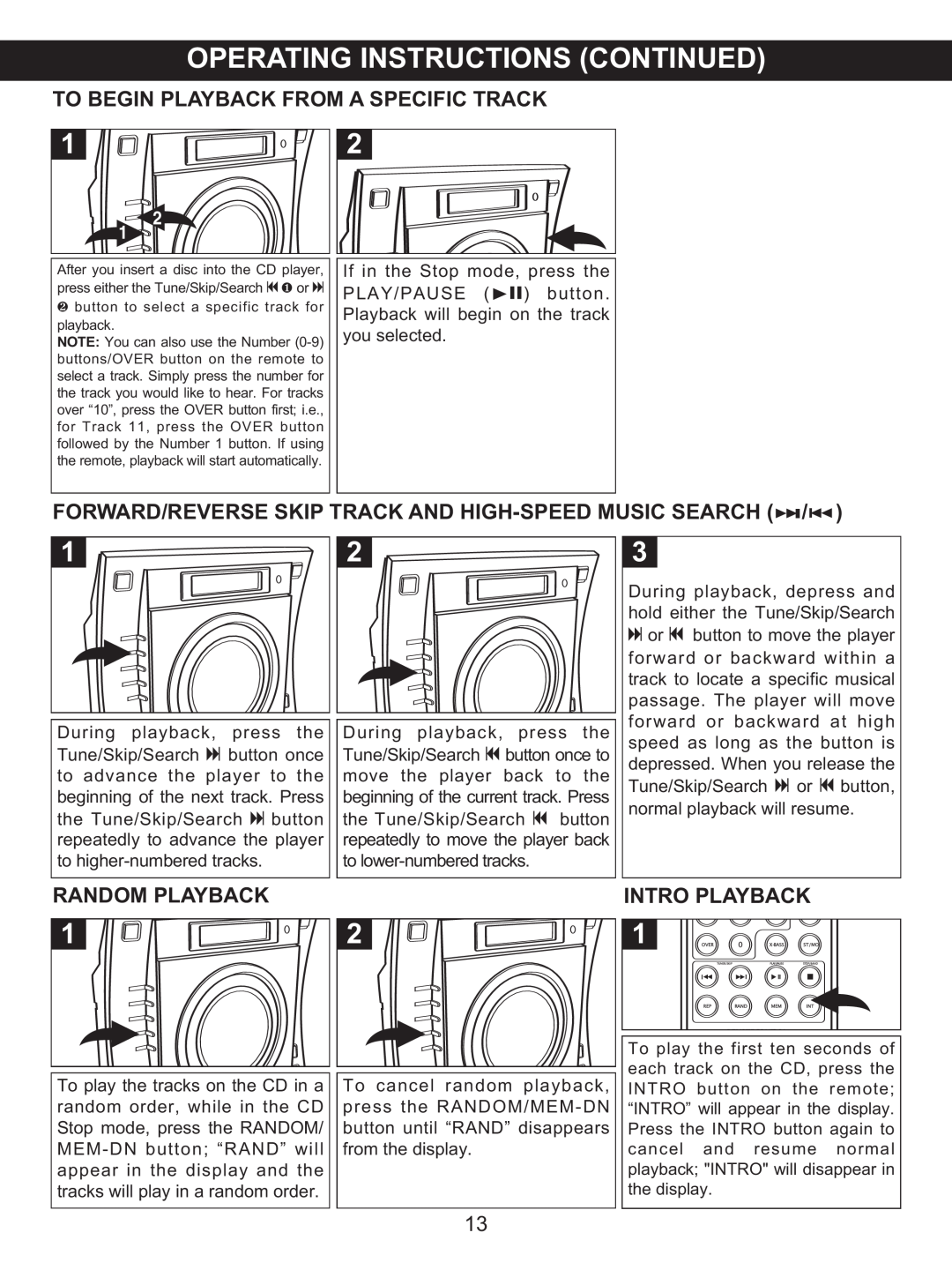 Memorex MX4137 manual To Begin Playback From A Specific Track, Random Playback, Intro Playback 