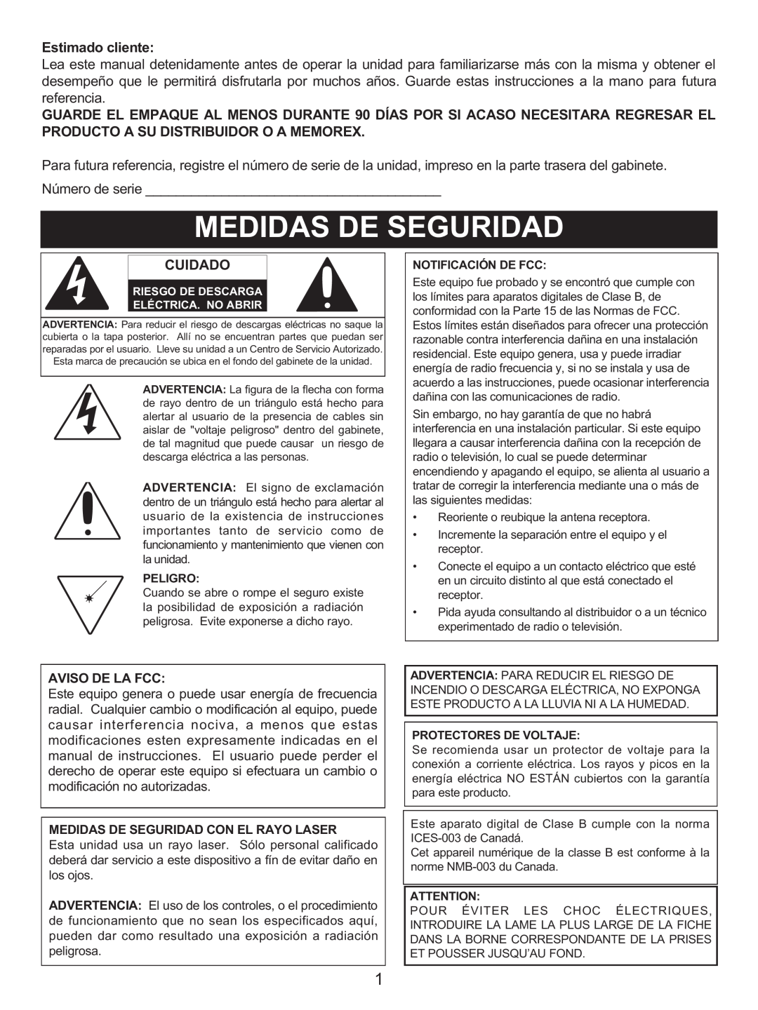 Memorex MX4137 manual Estimado cliente, Cuidado, Aviso De La Fcc, Medidas De Seguridad Con El Rayo Laser 